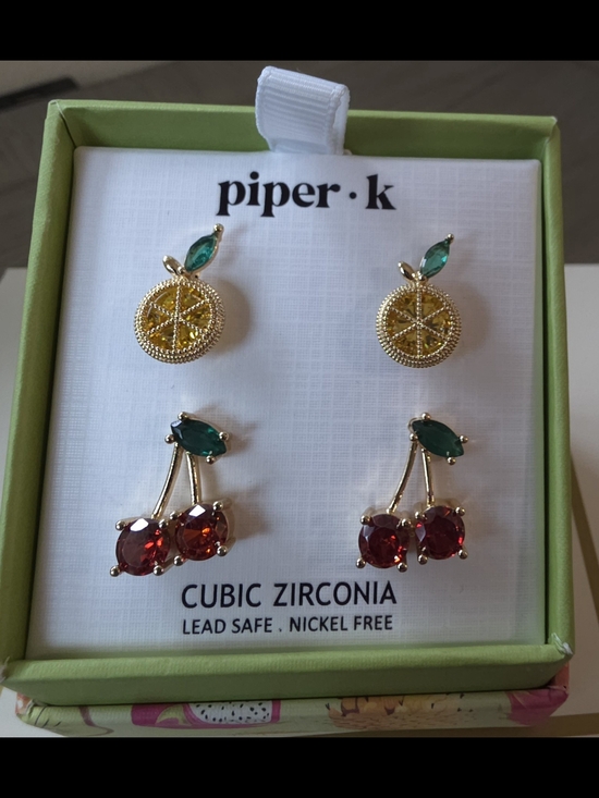 Piper Jewelry - Piper Gold Citrus & Red Cherry Stud Earring Duo with Green Accents
